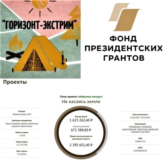 Проект по фрироупу "Не касаясь земли" Грязовецкого городского туристского общества "Горизонт-экстрим" стал победителем Фонда Президентских грантов. Проект по фрироупу "Не касаясь земли" Грязовецкого городского туристского общества "Горизонт-экстрим" стал победителем Фонда Президентских грантов.