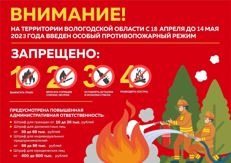 С 24 апреля 2023 года дня установлено начало пожароопасного сезона на Вологодчине. С 24 апреля 2023 года дня установлено начало пожароопасного сезона на Вологодчине.